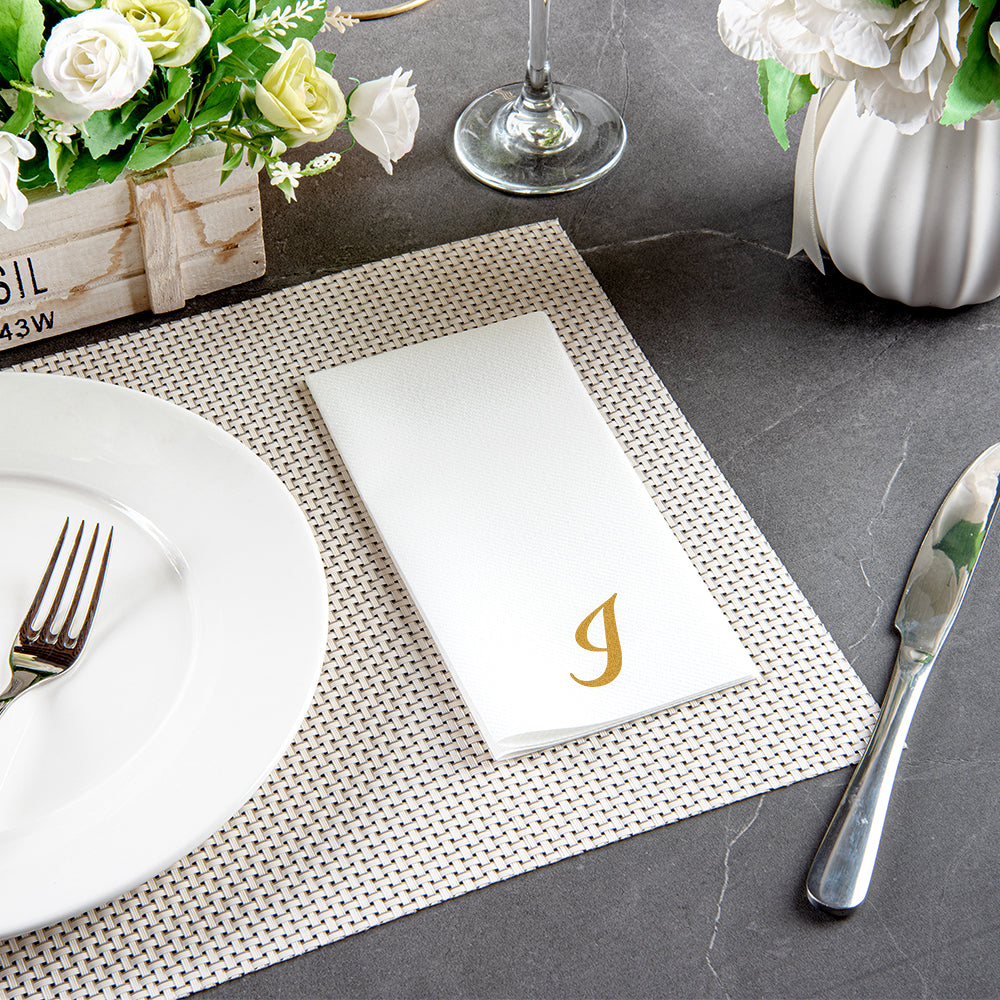 Luxenap Rectangle Gold Letter I White Paper Linen-Feel Guest Towel / Napkin - Air Laid, Cursive Font - 15 3/4" x 8" - 2000 count box