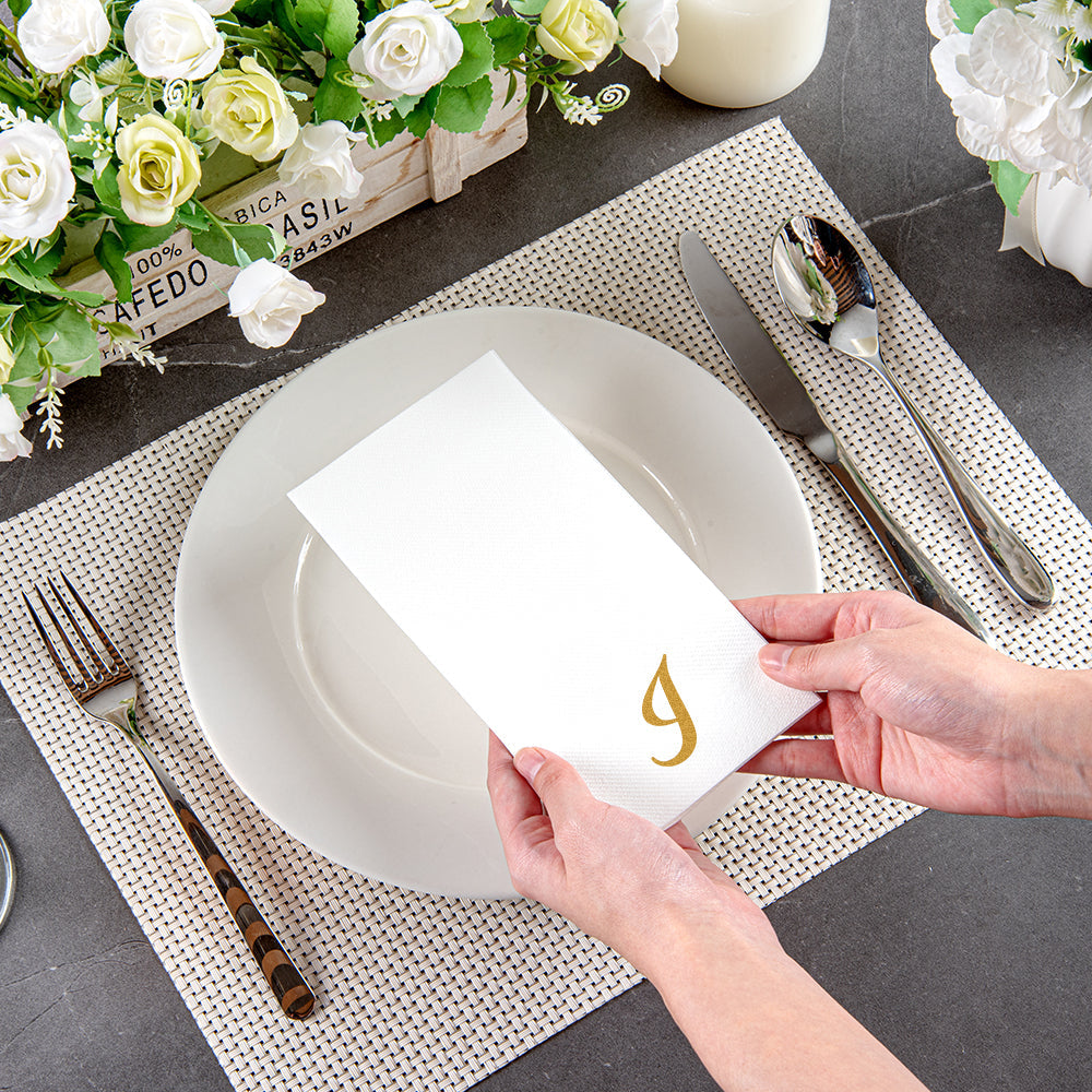 Luxenap Rectangle Gold Letter I White Paper Linen-Feel Guest Towel / Napkin - Air Laid, Cursive Font - 15 3/4" x 8" - 2000 count box