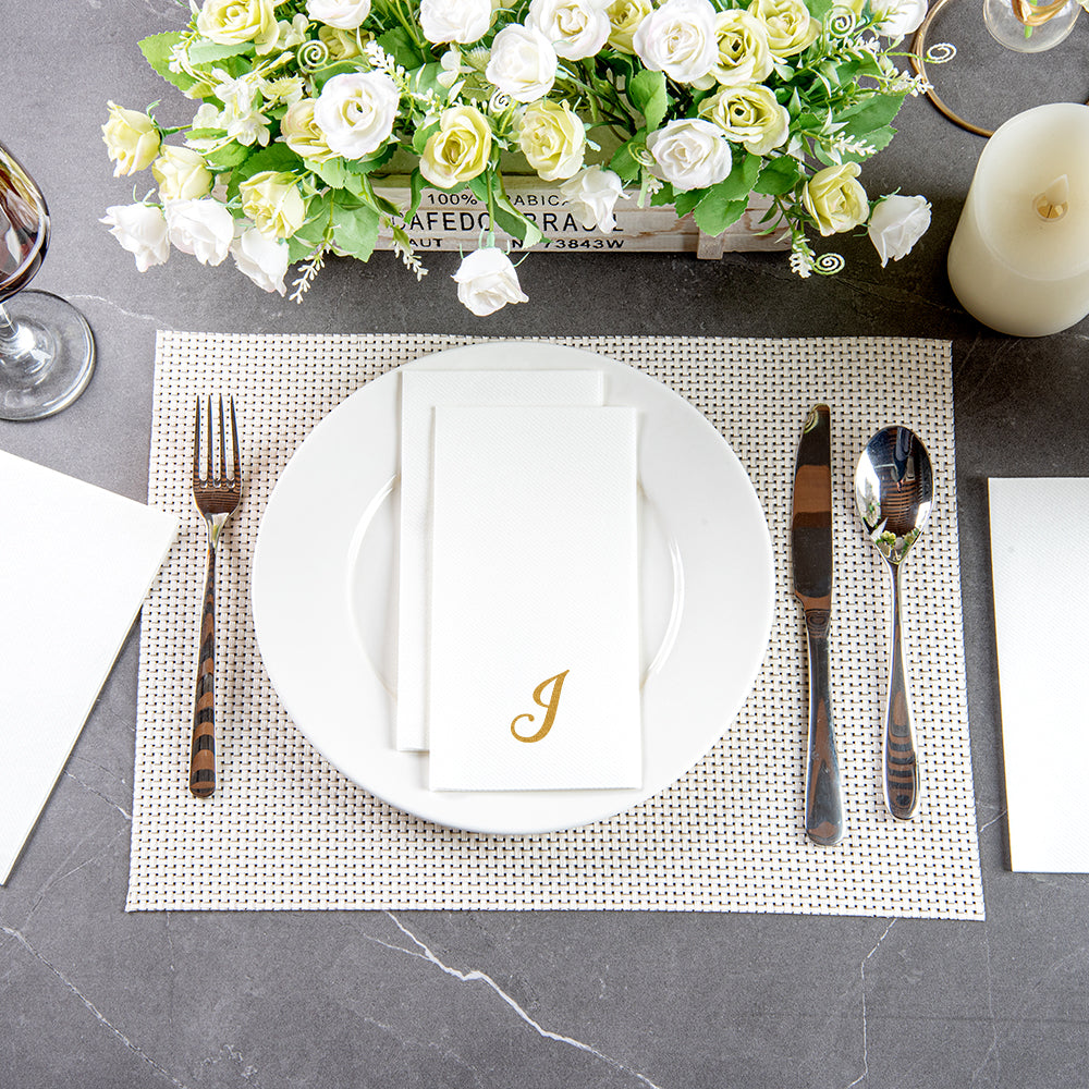 Luxenap Rectangle Gold Letter J White Paper Linen-Feel Guest Towel / Napkin - Air Laid, Cursive Font - 15 3/4" x 8" - 2000 count box