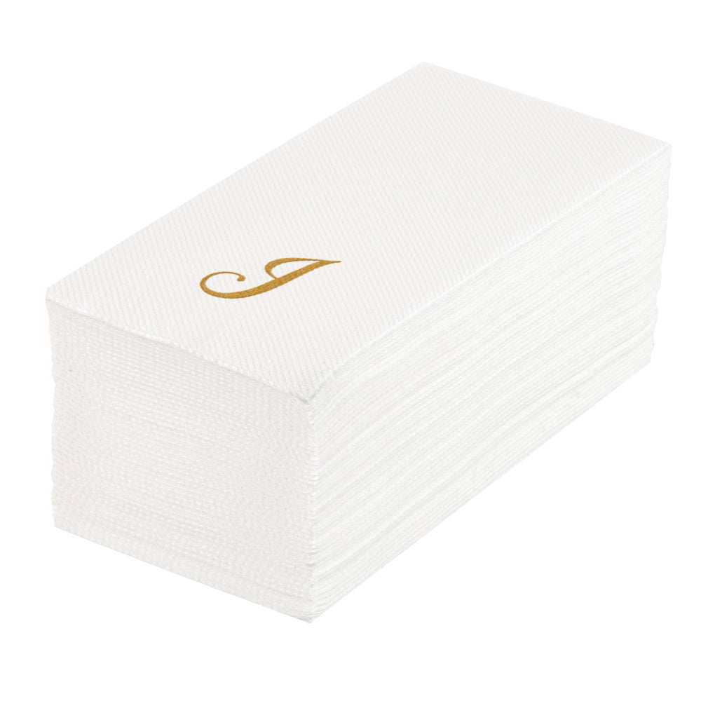Luxenap Rectangle Gold Letter J White Paper Linen-Feel Guest Towel / Napkin - Air Laid, Cursive Font - 15 3/4" x 8" - 50 count box