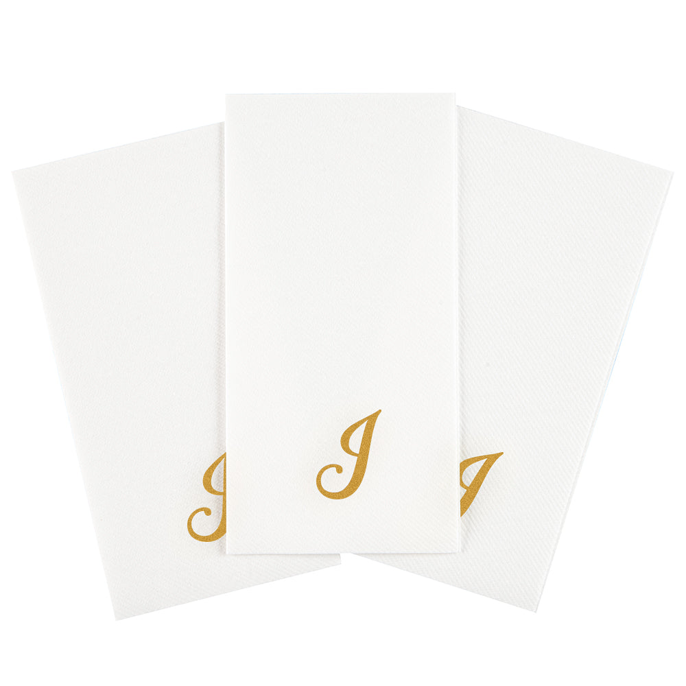 Luxenap Rectangle Gold Letter J White Paper Linen-Feel Guest Towel / Napkin - Air Laid, Cursive Font - 15 3/4" x 8" - 50 count box