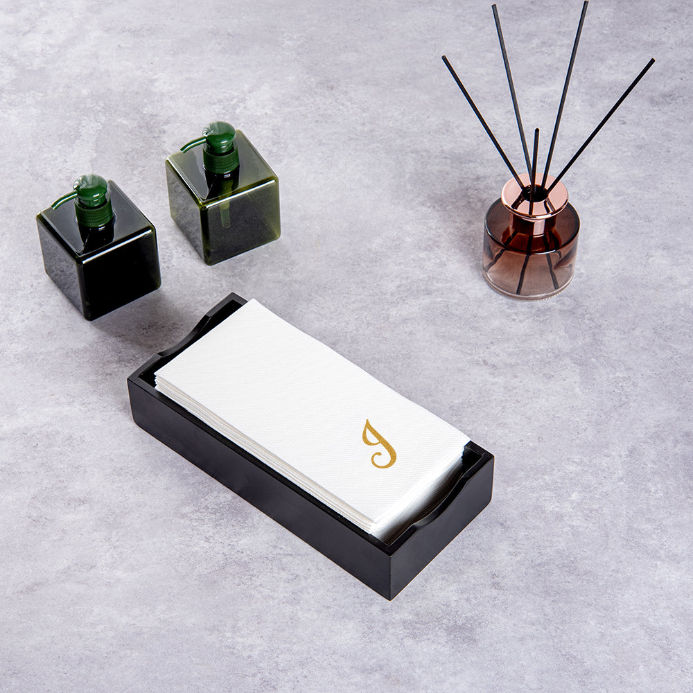Luxenap Rectangle Gold Letter J White Paper Linen-Feel Guest Towel / Napkin - Air Laid, Cursive Font - 15 3/4" x 8" - 50 count box