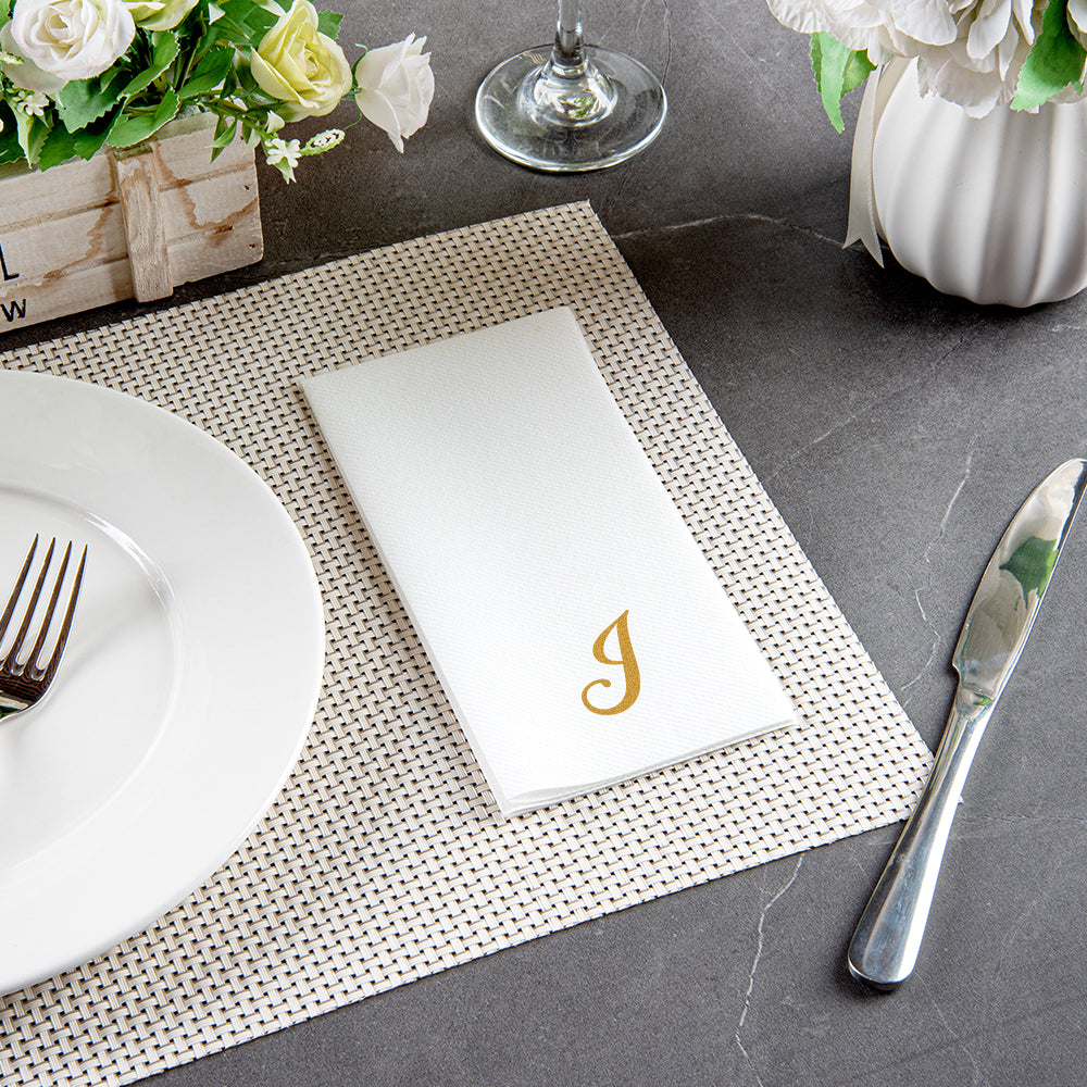 Luxenap Rectangle Gold Letter J White Paper Linen-Feel Guest Towel / Napkin - Air Laid, Cursive Font - 15 3/4" x 8" - 2000 count box