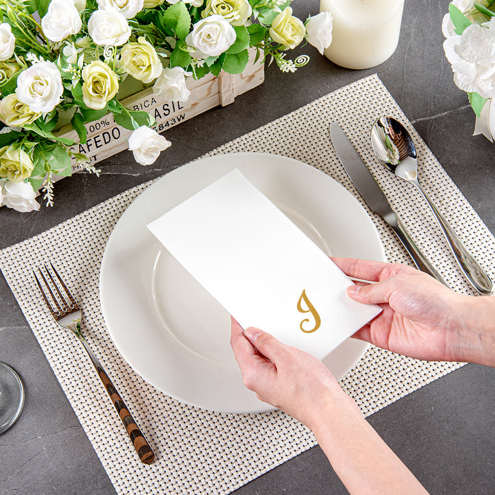 Luxenap Rectangle Gold Letter J White Paper Linen-Feel Guest Towel / Napkin - Air Laid, Cursive Font - 15 3/4" x 8" - 2000 count box