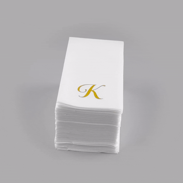 Luxenap Rectangle Gold Letter K White Paper Linen-Feel Guest Towel / Napkin - Air Laid, Cursive Font - 15 3/4" x 8" - 50 count box
