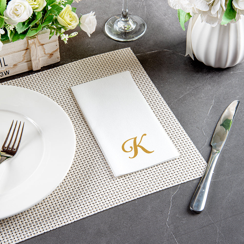 Luxenap Rectangle Gold Letter K White Paper Linen-Feel Guest Towel / Napkin - Air Laid, Cursive Font - 15 3/4" x 8" - 50 count box