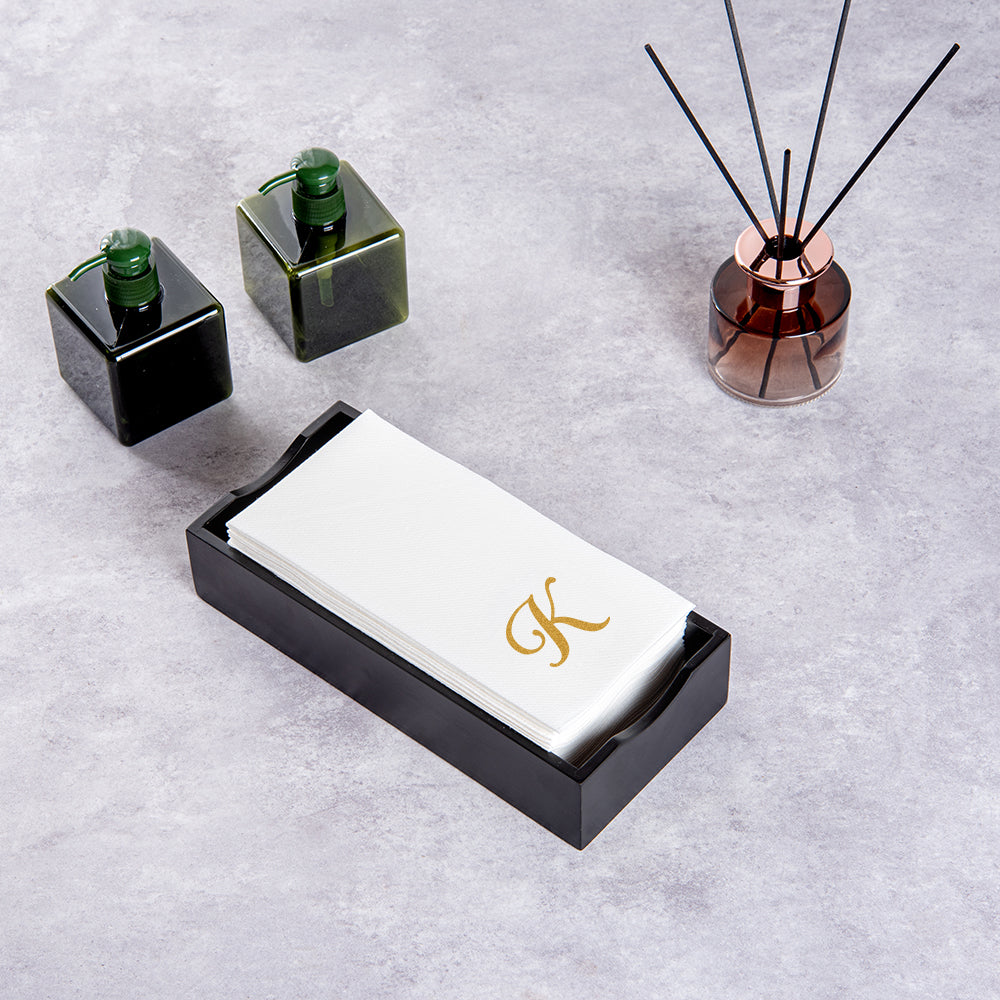 Luxenap Rectangle Gold Letter K White Paper Linen-Feel Guest Towel / Napkin - Air Laid, Cursive Font - 15 3/4" x 8" - 50 count box