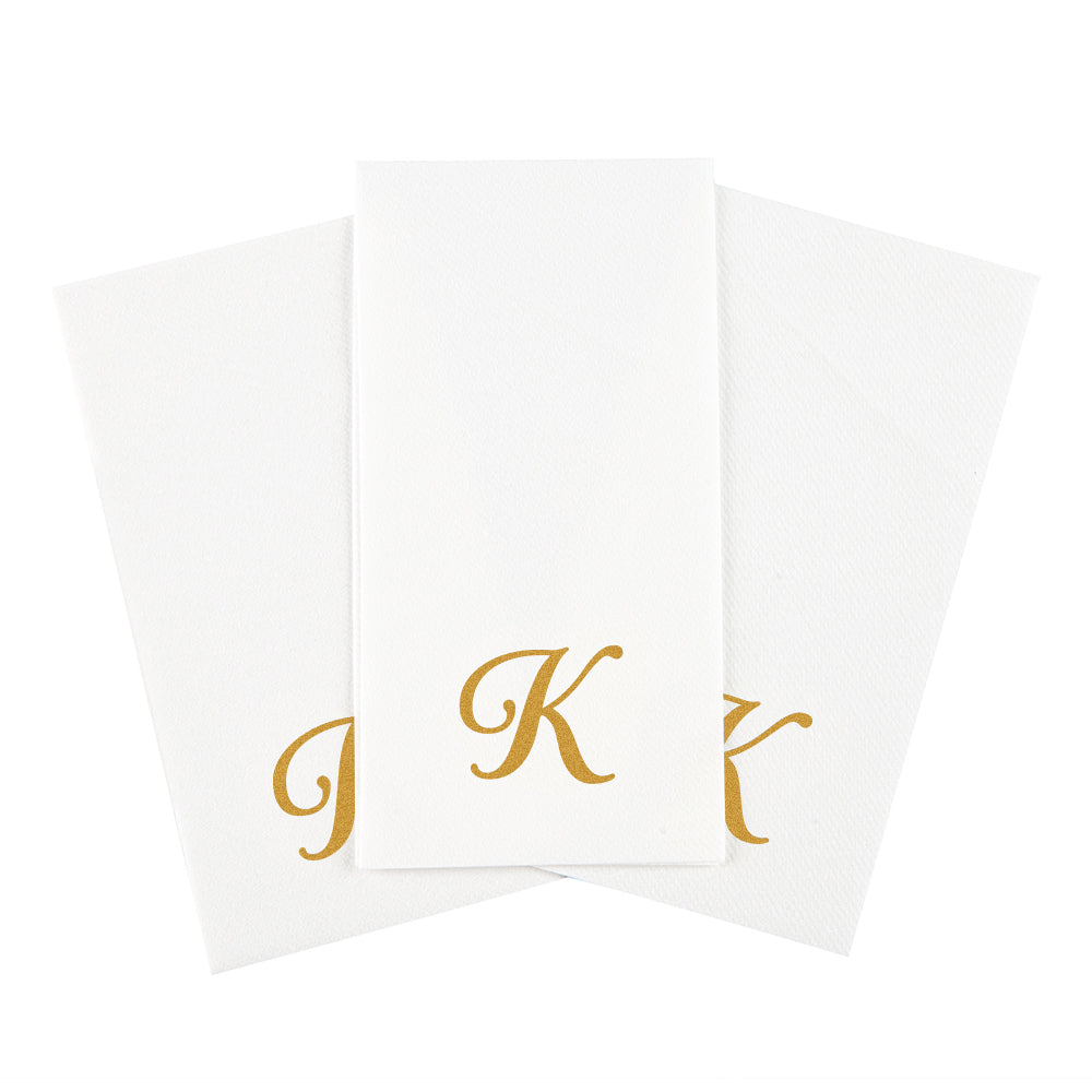Luxenap Rectangle Gold Letter K White Paper Linen-Feel Guest Towel / Napkin - Air Laid, Cursive Font - 15 3/4" x 8" - 2000 count box