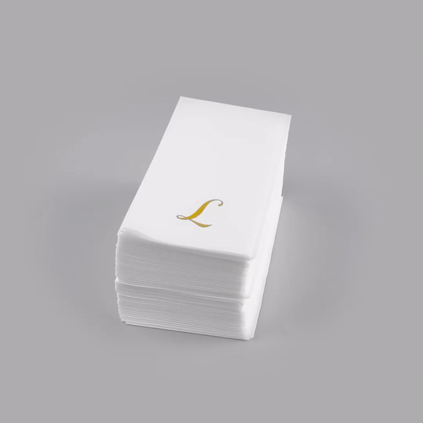 Luxenap Rectangle Gold Letter L White Paper Linen-Feel Guest Towel / Napkin - Air Laid, Cursive Font - 15 3/4" x 8" - 2000 count box