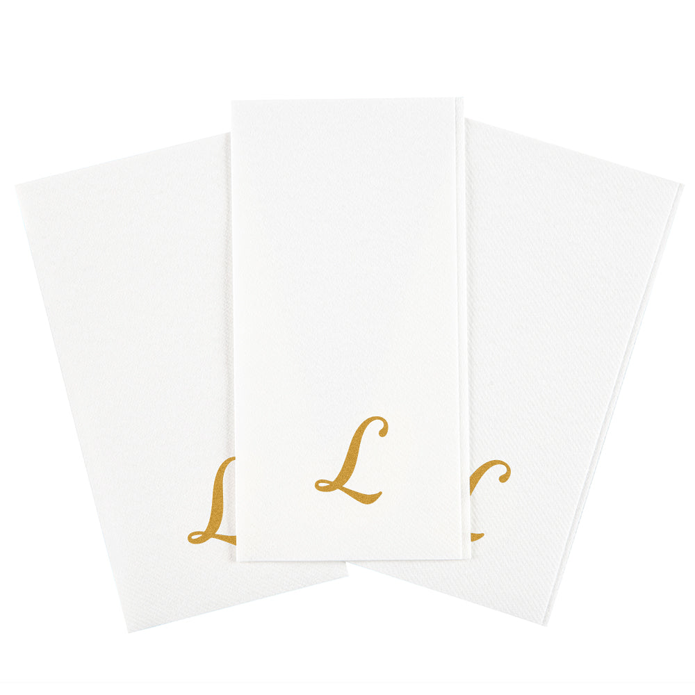 Luxenap Rectangle Gold Letter L White Paper Linen-Feel Guest Towel / Napkin - Air Laid, Cursive Font - 15 3/4" x 8" - 2000 count box