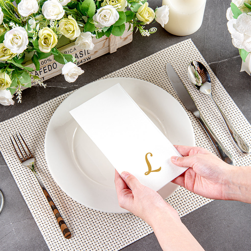 Luxenap Rectangle Gold Letter L White Paper Linen-Feel Guest Towel / Napkin - Air Laid, Cursive Font - 15 3/4" x 8" - 2000 count box