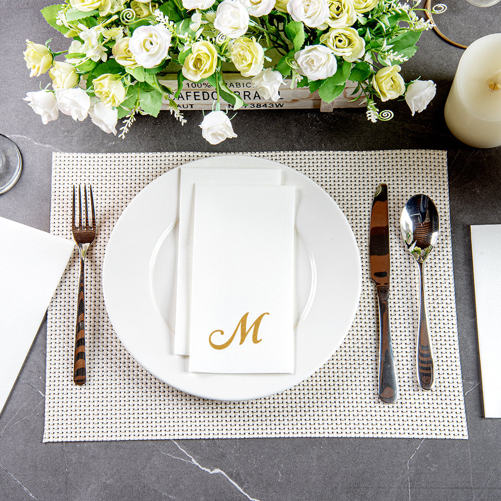 Luxenap Rectangle Gold Letter M White Paper Linen-Feel Guest Towel / Napkin - Air Laid, Cursive Font - 15 3/4" x 8" - 2000 count box