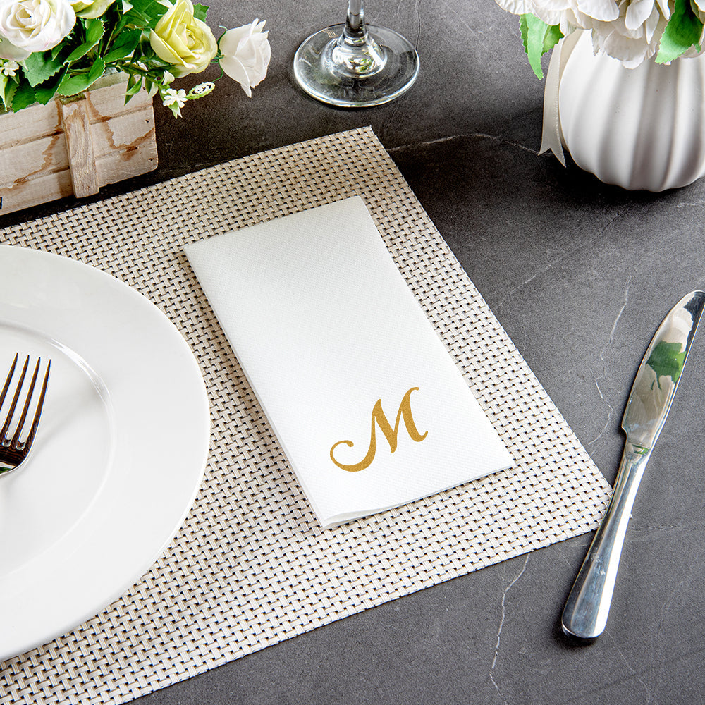 Luxenap Rectangle Gold Letter M White Paper Linen-Feel Guest Towel / Napkin - Air Laid, Cursive Font - 15 3/4" x 8" - 2000 count box