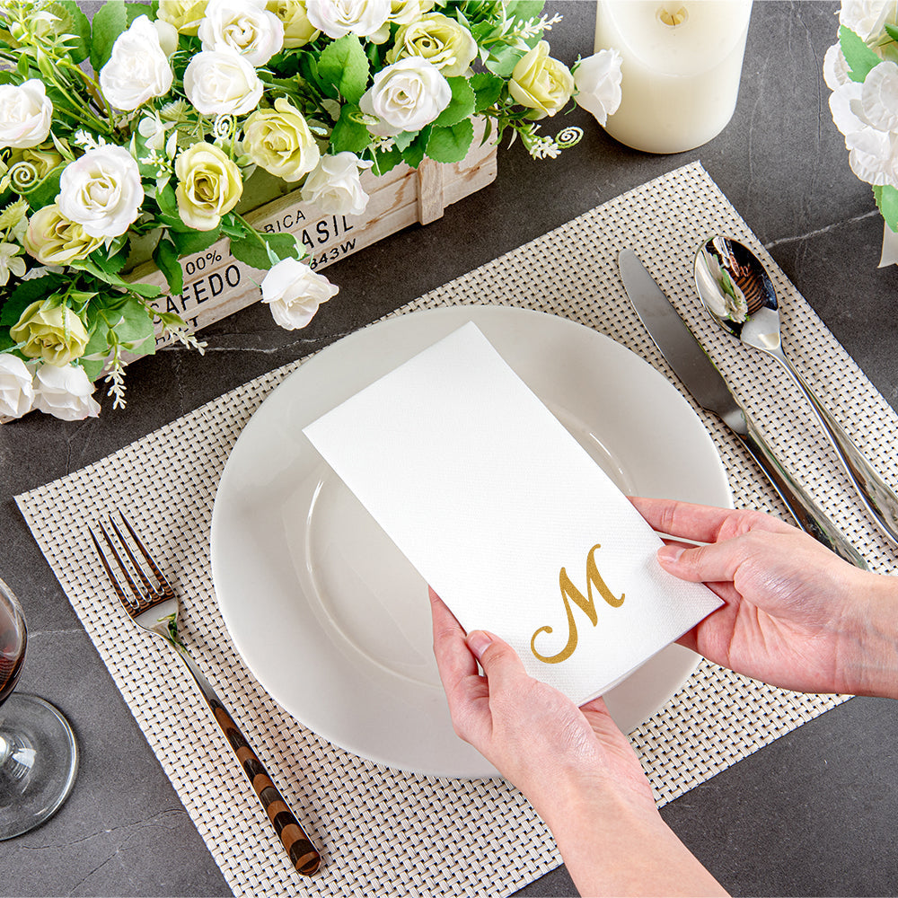 Luxenap Rectangle Gold Letter M White Paper Linen-Feel Guest Towel / Napkin - Air Laid, Cursive Font - 15 3/4" x 8" - 2000 count box