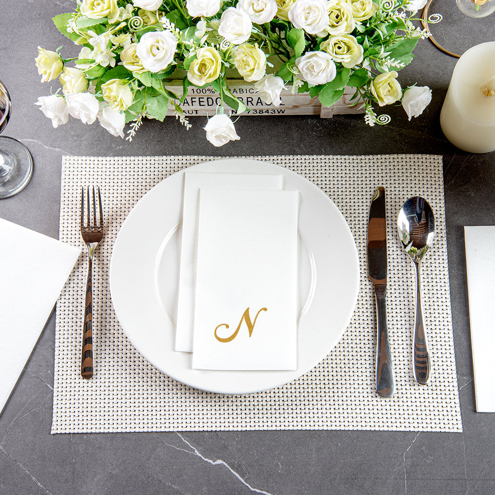 Luxenap Rectangle Gold Letter N White Paper Linen-Feel Guest Towel / Napkin - Air Laid, Cursive Font - 15 3/4" x 8" - 50 count box