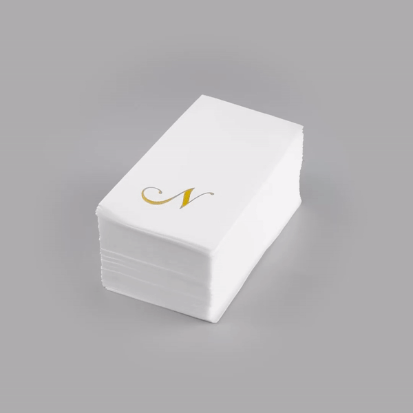 Luxenap Rectangle Gold Letter N White Paper Linen-Feel Guest Towel / Napkin - Air Laid, Cursive Font - 15 3/4" x 8" - 50 count box
