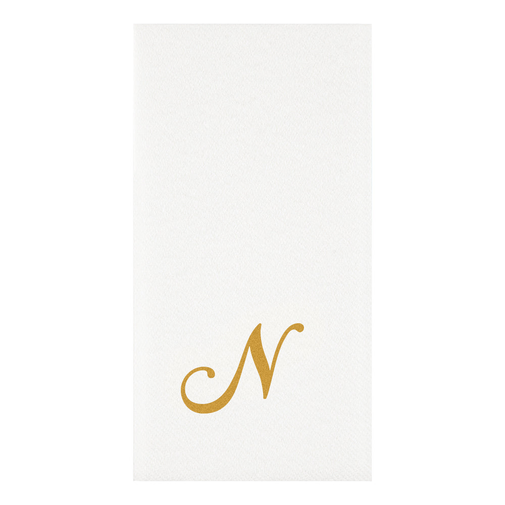 Luxenap Rectangle Gold Letter N White Paper Linen-Feel Guest Towel / Napkin - Air Laid, Cursive Font - 15 3/4" x 8" - 50 count box