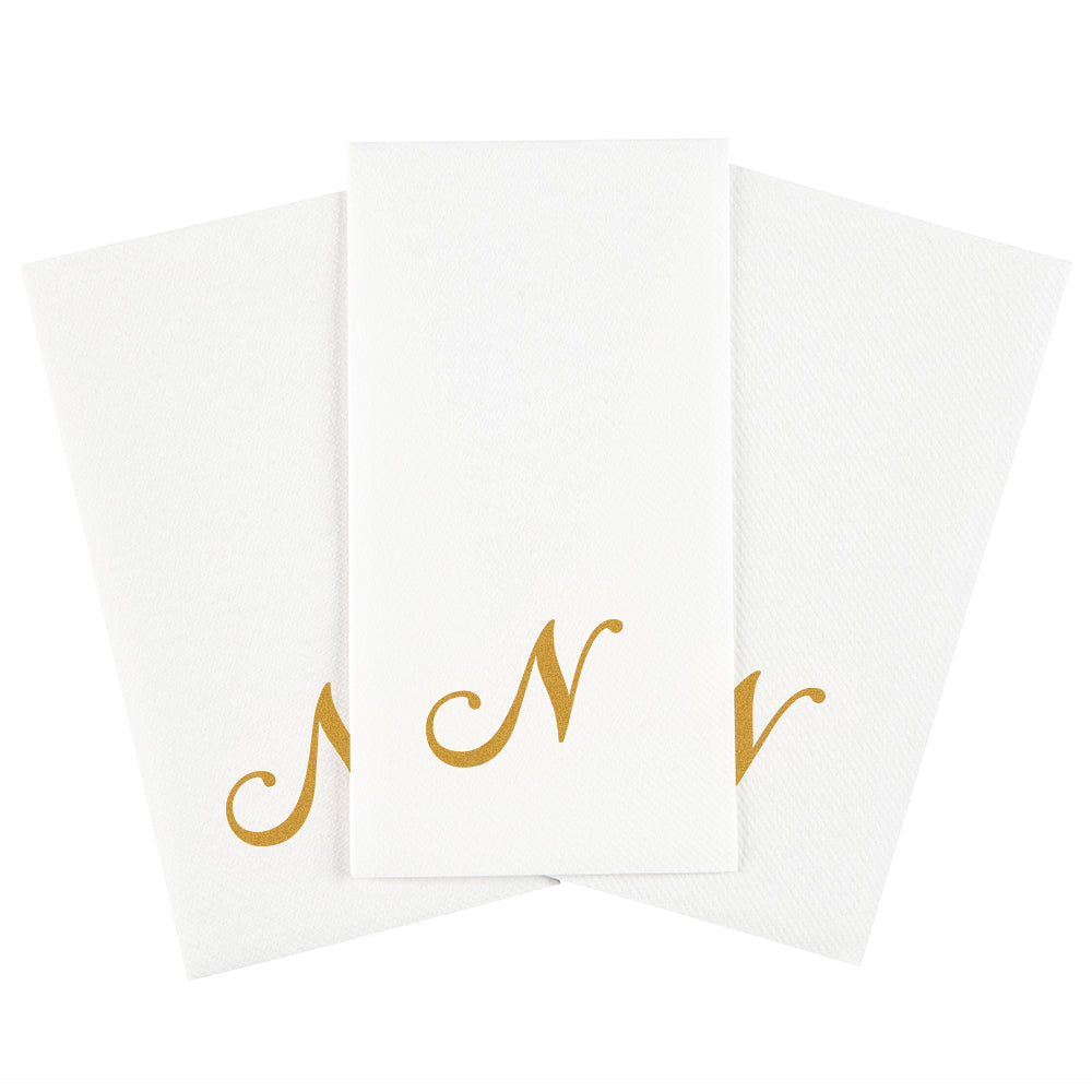 Luxenap Rectangle Gold Letter N White Paper Linen-Feel Guest Towel / Napkin - Air Laid, Cursive Font - 15 3/4" x 8" - 2000 count box