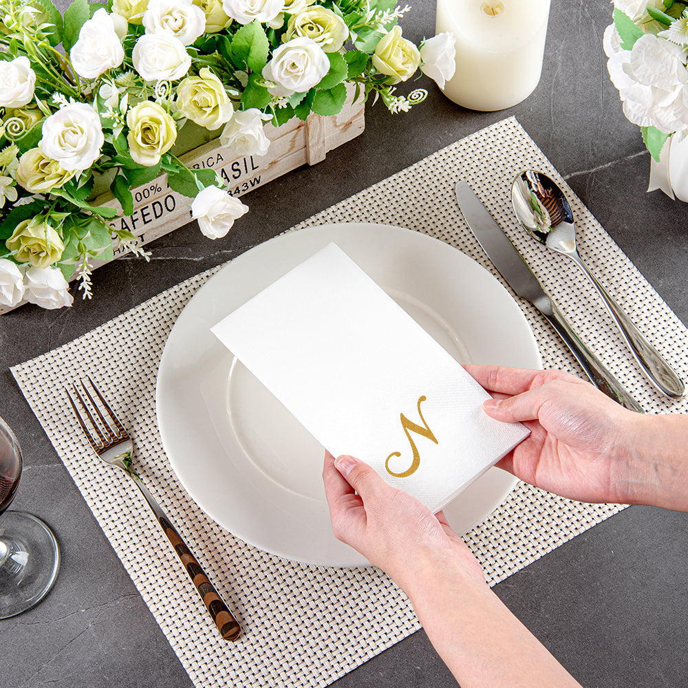 Luxenap Rectangle Gold Letter N White Paper Linen-Feel Guest Towel / Napkin - Air Laid, Cursive Font - 15 3/4" x 8" - 2000 count box
