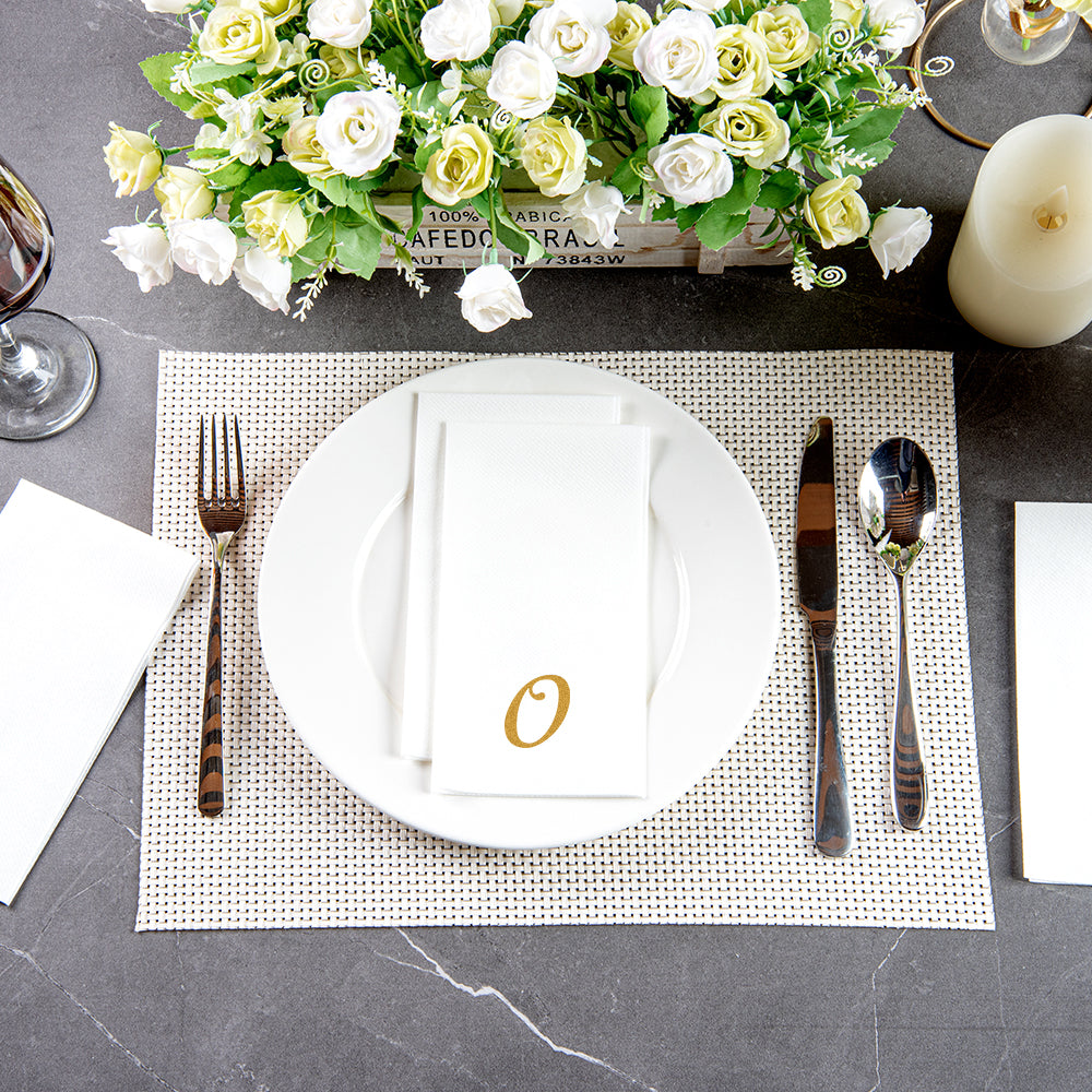 Luxenap Rectangle Gold Letter O White Paper Linen-Feel Guest Towel / Napkin - Air Laid, Cursive Font - 15 3/4" x 8" - 50 count box
