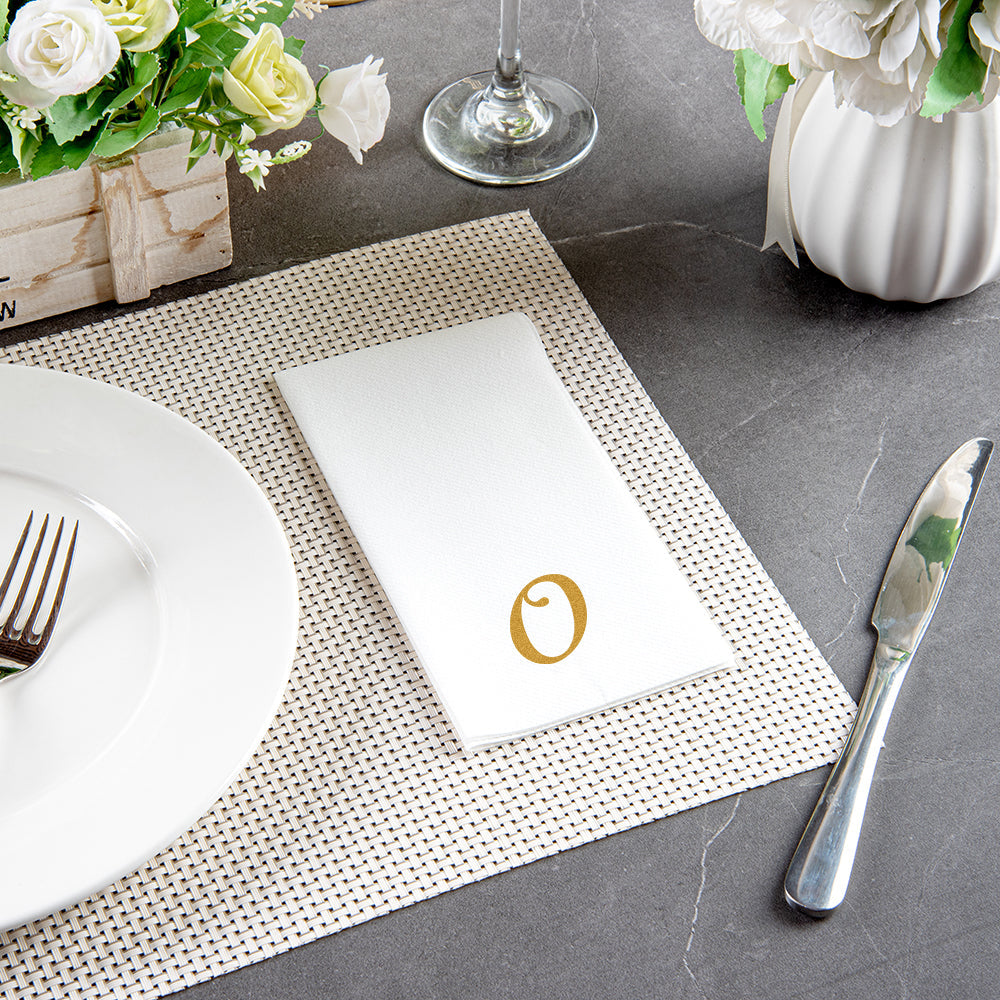Luxenap Rectangle Gold Letter O White Paper Linen-Feel Guest Towel / Napkin - Air Laid, Cursive Font - 15 3/4" x 8" - 2000 count box