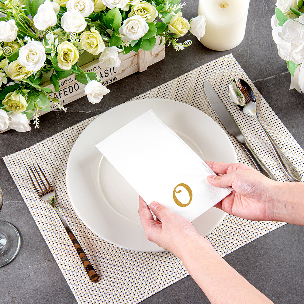 Luxenap Rectangle Gold Letter O White Paper Linen-Feel Guest Towel / Napkin - Air Laid, Cursive Font - 15 3/4" x 8" - 2000 count box