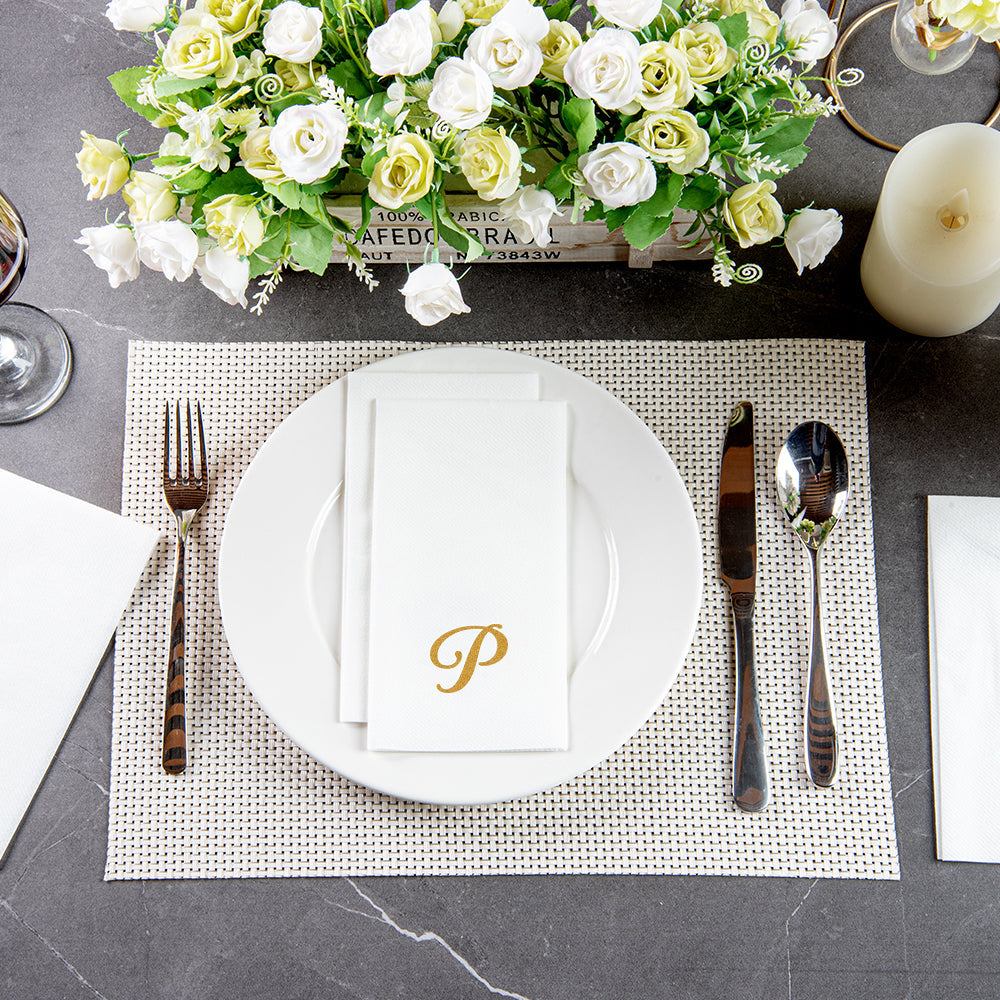 Luxenap Rectangle Gold Letter P White Paper Linen-Feel Guest Towel / Napkin - Air Laid, Cursive Font - 15 3/4" x 8" - 2000 count box