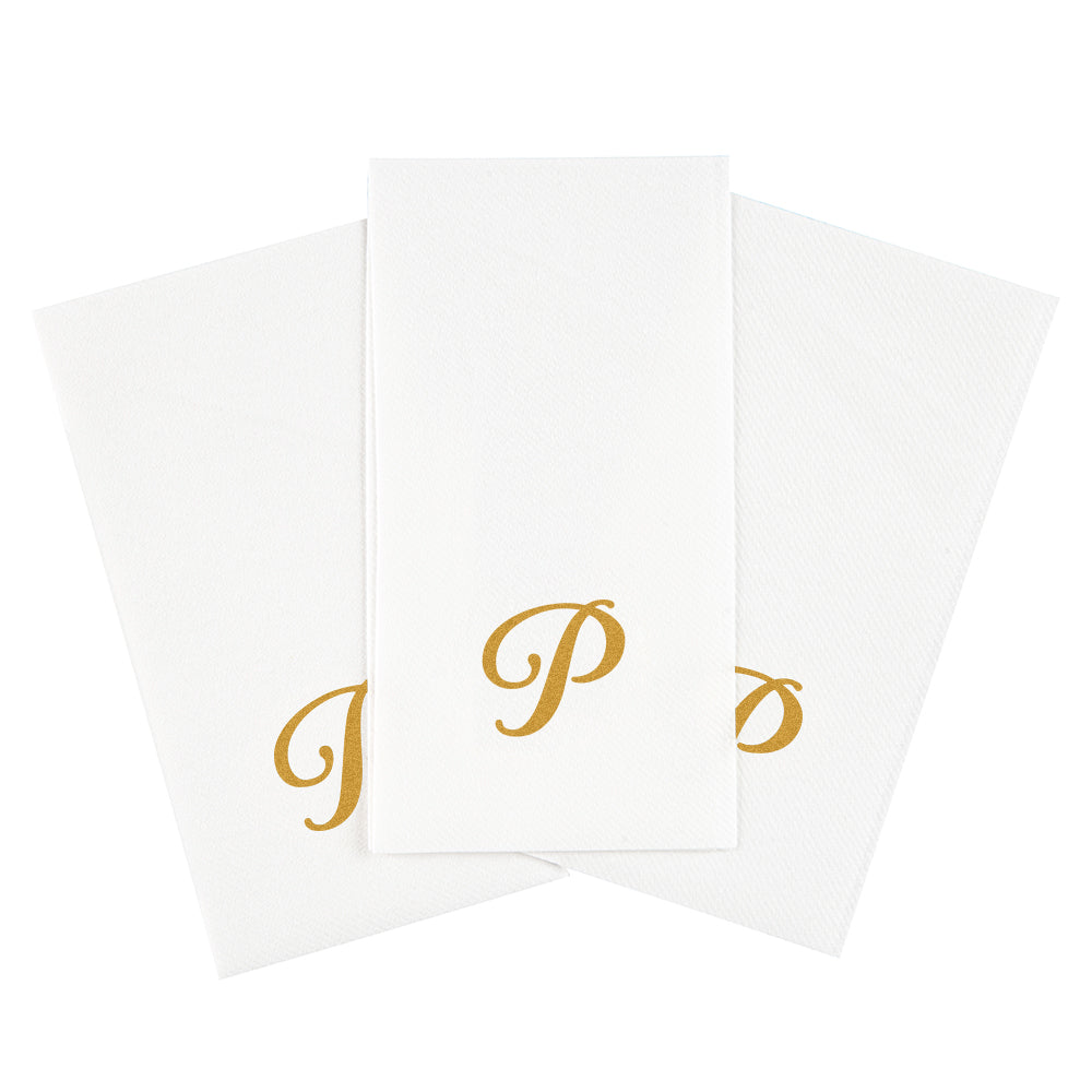 Luxenap Rectangle Gold Letter P White Paper Linen-Feel Guest Towel / Napkin - Air Laid, Cursive Font - 15 3/4" x 8" - 50 count box