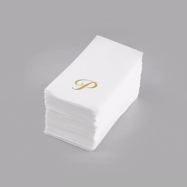 Luxenap Rectangle Gold Letter P White Paper Linen-Feel Guest Towel / Napkin - Air Laid, Cursive Font - 15 3/4" x 8" - 2000 count box