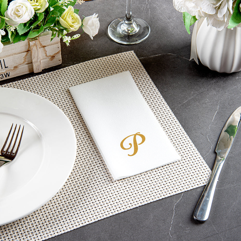 Luxenap Rectangle Gold Letter P White Paper Linen-Feel Guest Towel / Napkin - Air Laid, Cursive Font - 15 3/4" x 8" - 2000 count box