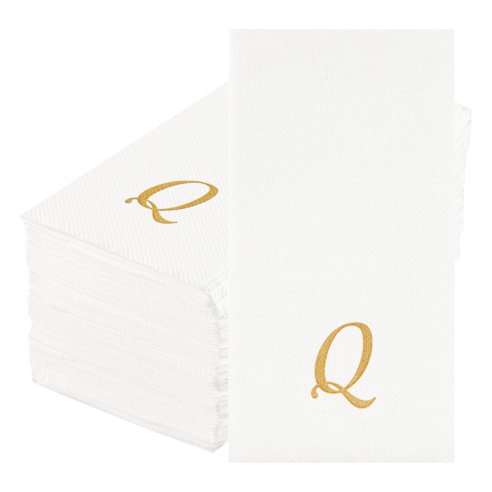 Luxenap Rectangle Gold Letter Q White Paper Linen-Feel Guest Towel / Napkin - Air Laid, Cursive Font - 15 3/4" x 8" - 50 count box