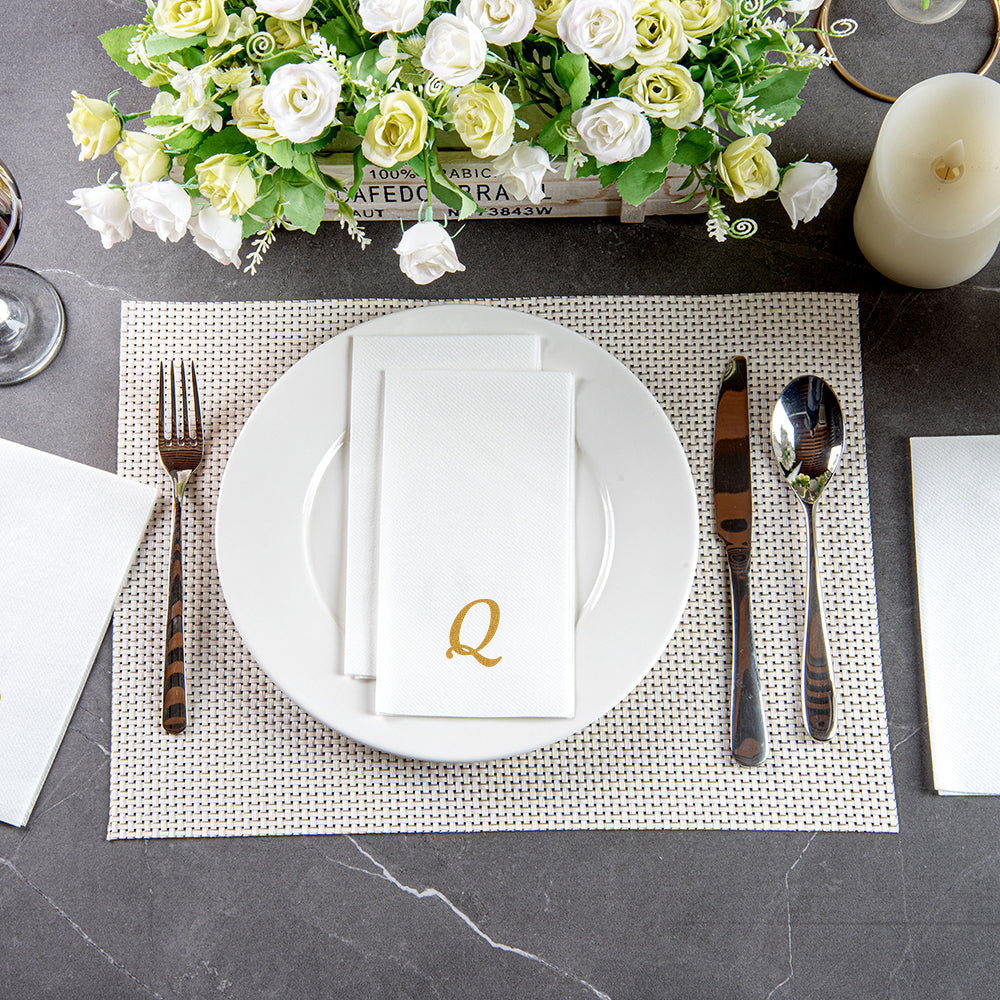 Luxenap Rectangle Gold Letter Q White Paper Linen-Feel Guest Towel / Napkin - Air Laid, Cursive Font - 15 3/4" x 8" - 50 count box