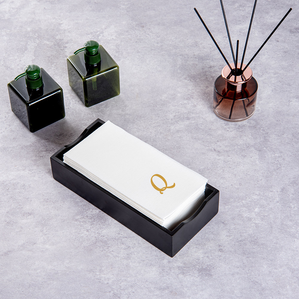 Luxenap Rectangle Gold Letter Q White Paper Linen-Feel Guest Towel / Napkin - Air Laid, Cursive Font - 15 3/4" x 8" - 50 count box