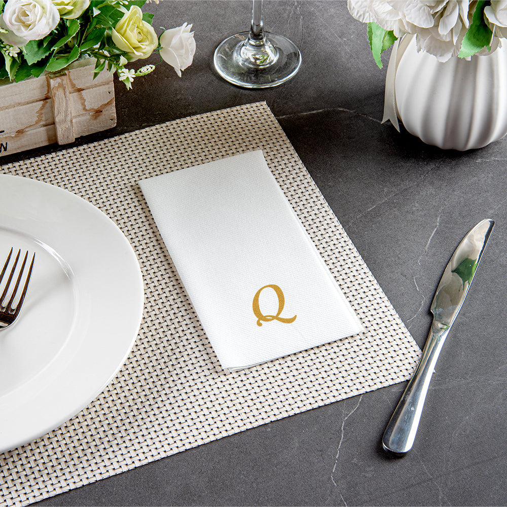 Luxenap Rectangle Gold Letter Q White Paper Linen-Feel Guest Towel / Napkin - Air Laid, Cursive Font - 15 3/4" x 8" - 2000 count box