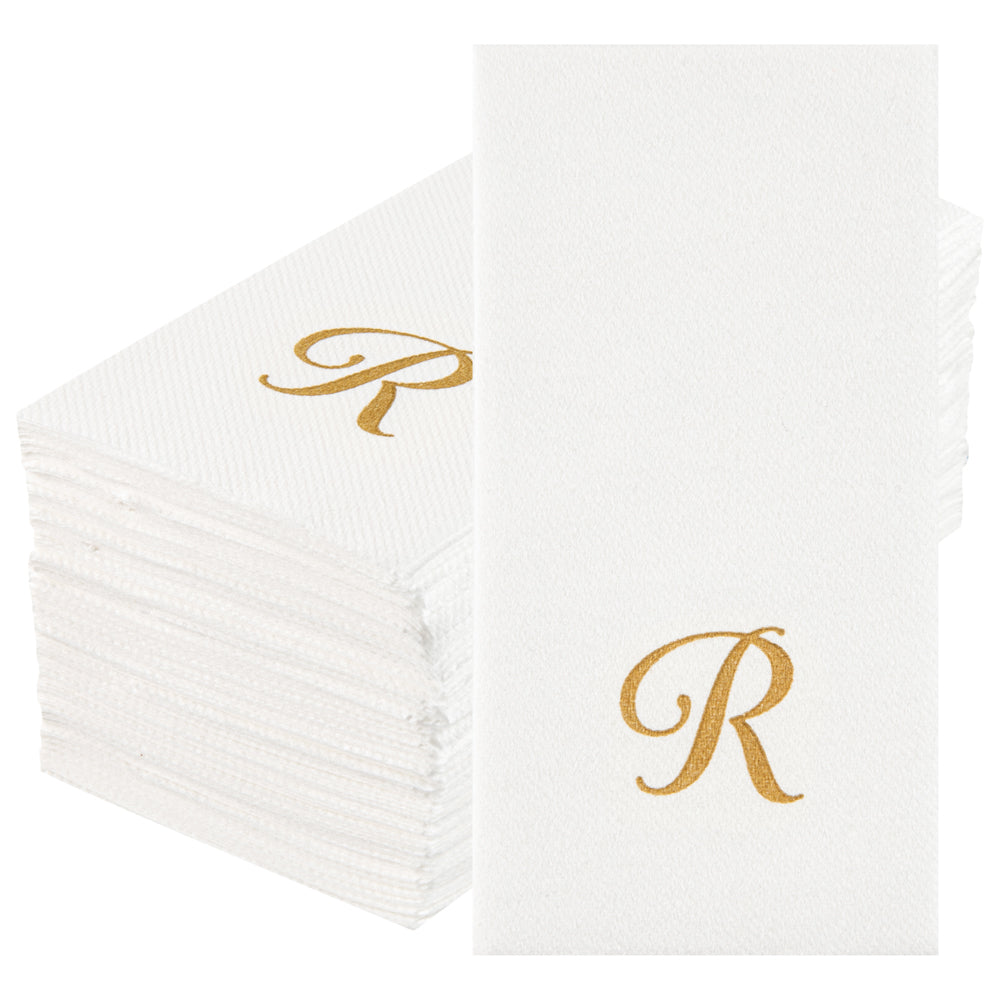Luxenap Rectangle Gold Letter R White Paper Linen-Feel Guest Towel / Napkin - Air Laid, Cursive Font - 15 3/4" x 8" - 50 count box