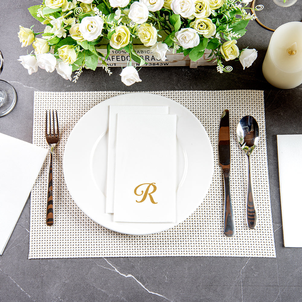 Luxenap Rectangle Gold Letter R White Paper Linen-Feel Guest Towel / Napkin - Air Laid, Cursive Font - 15 3/4" x 8" - 50 count box