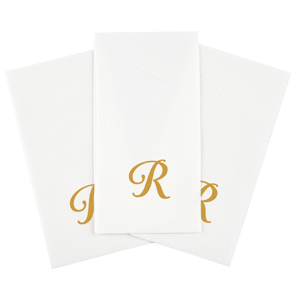Luxenap Rectangle Gold Letter R White Paper Linen-Feel Guest Towel / Napkin - Air Laid, Cursive Font - 15 3/4" x 8" - 50 count box