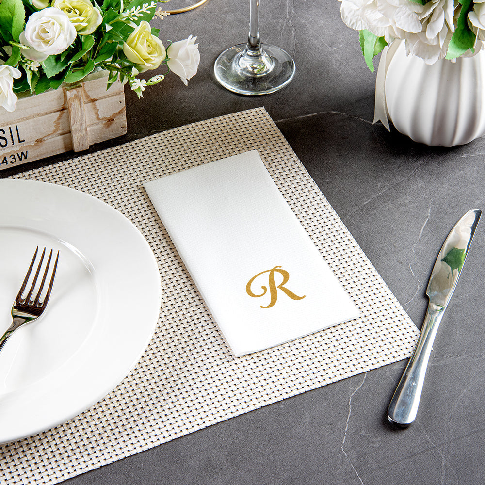 Luxenap Rectangle Gold Letter R White Paper Linen-Feel Guest Towel / Napkin - Air Laid, Cursive Font - 15 3/4" x 8" - 2000 count box