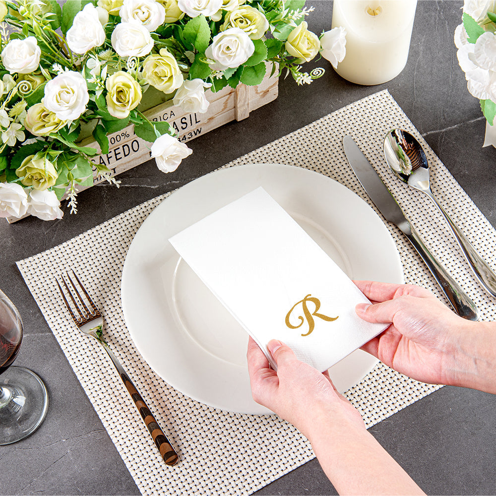 Luxenap Rectangle Gold Letter R White Paper Linen-Feel Guest Towel / Napkin - Air Laid, Cursive Font - 15 3/4" x 8" - 2000 count box