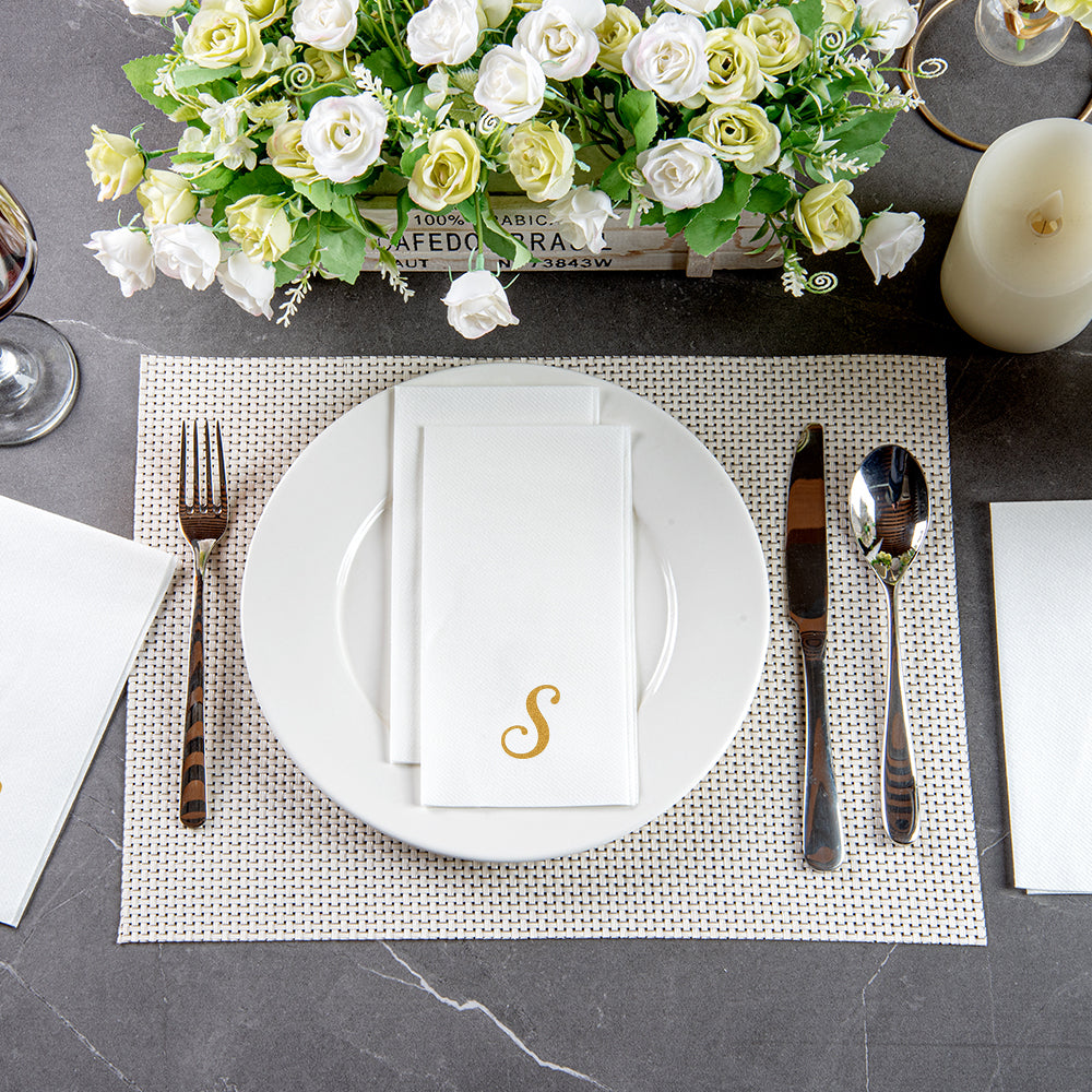 Luxenap Rectangle Gold Letter S White Paper Linen-Feel Guest Towel / Napkin - Air Laid, Cursive Font - 15 3/4" x 8" - 2000 count box