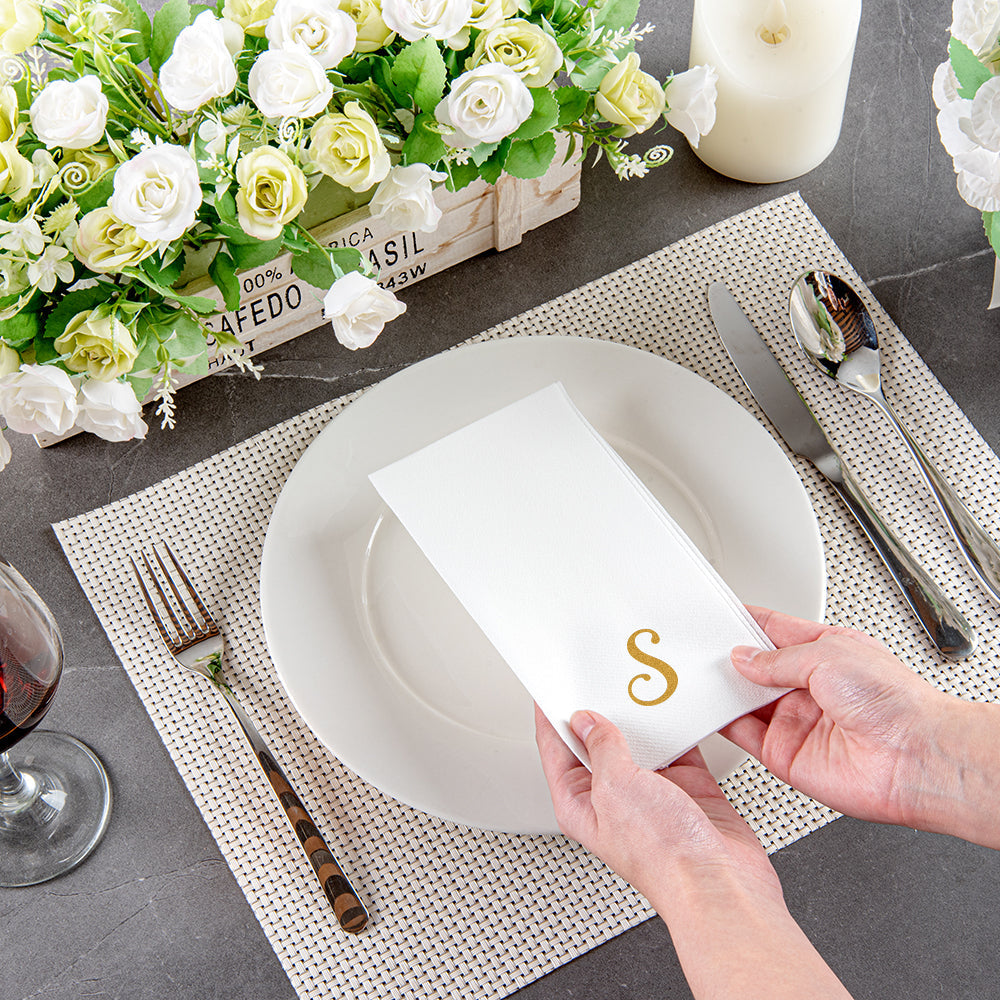 Luxenap Rectangle Gold Letter S White Paper Linen-Feel Guest Towel / Napkin - Air Laid, Cursive Font - 15 3/4" x 8" - 2000 count box