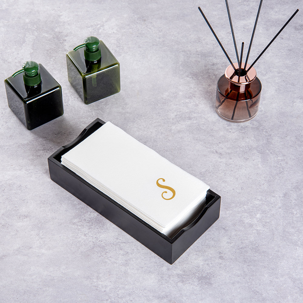 Luxenap Rectangle Gold Letter S White Paper Linen-Feel Guest Towel / Napkin - Air Laid, Cursive Font - 15 3/4" x 8" - 2000 count box