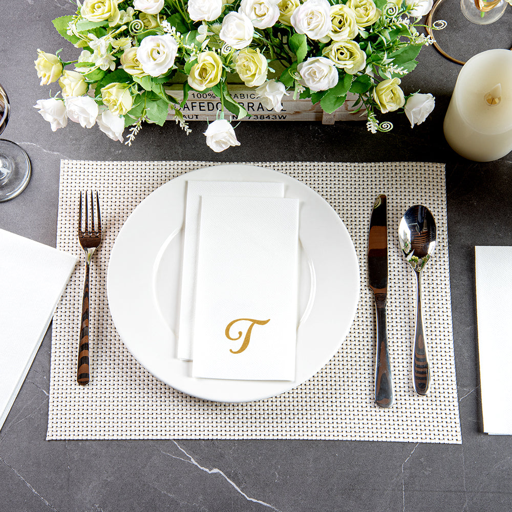 Luxenap Rectangle Gold Letter T White Paper Linen-Feel Guest Towel / Napkin - Air Laid, Cursive Font - 15 3/4" x 8" - 2000 count box