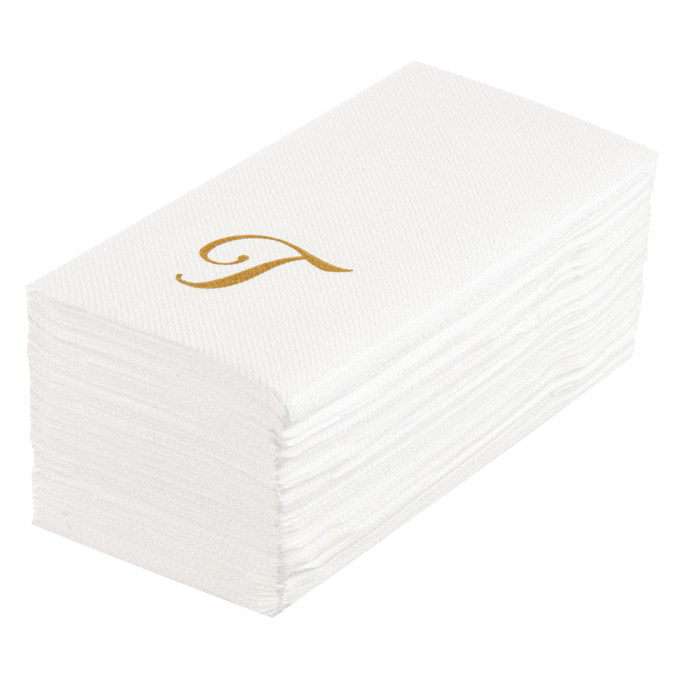Luxenap Rectangle Gold Letter T White Paper Linen-Feel Guest Towel / Napkin - Air Laid, Cursive Font - 15 3/4" x 8" - 50 count box