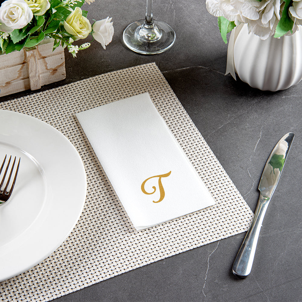 Luxenap Rectangle Gold Letter T White Paper Linen-Feel Guest Towel / Napkin - Air Laid, Cursive Font - 15 3/4" x 8" - 2000 count box