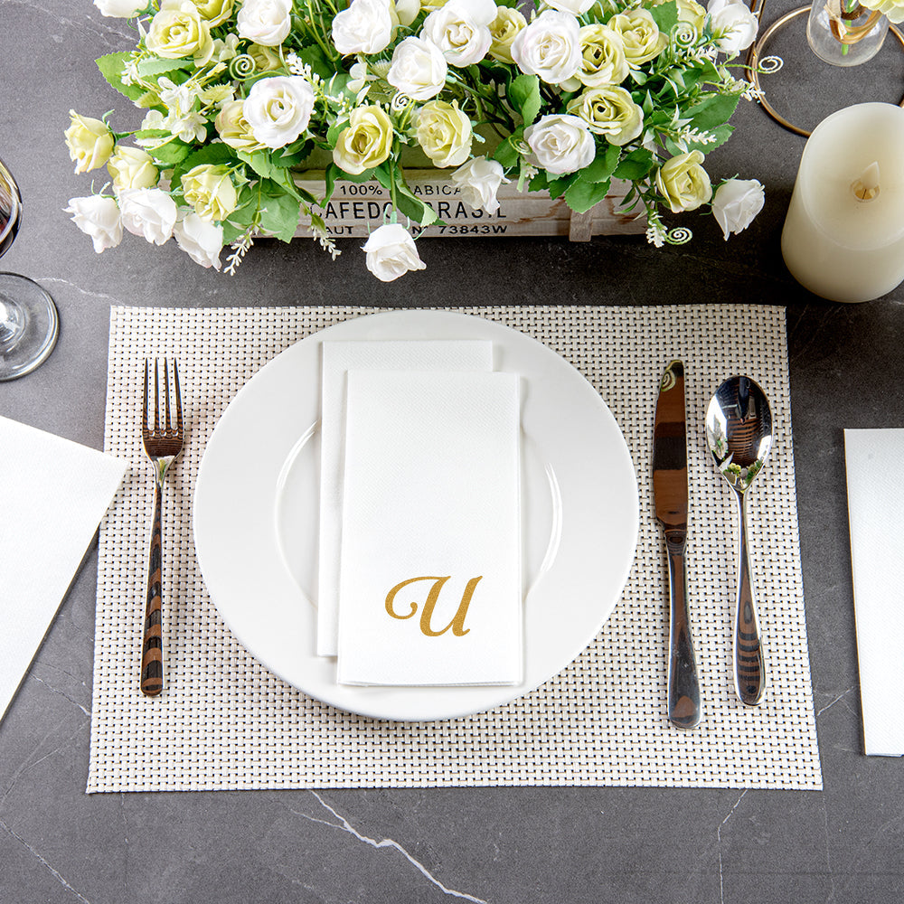 Luxenap Rectangle Gold Letter U White Paper Linen-Feel Guest Towel / Napkin - Air Laid, Cursive Font - 15 3/4" x 8" - 2000 count box