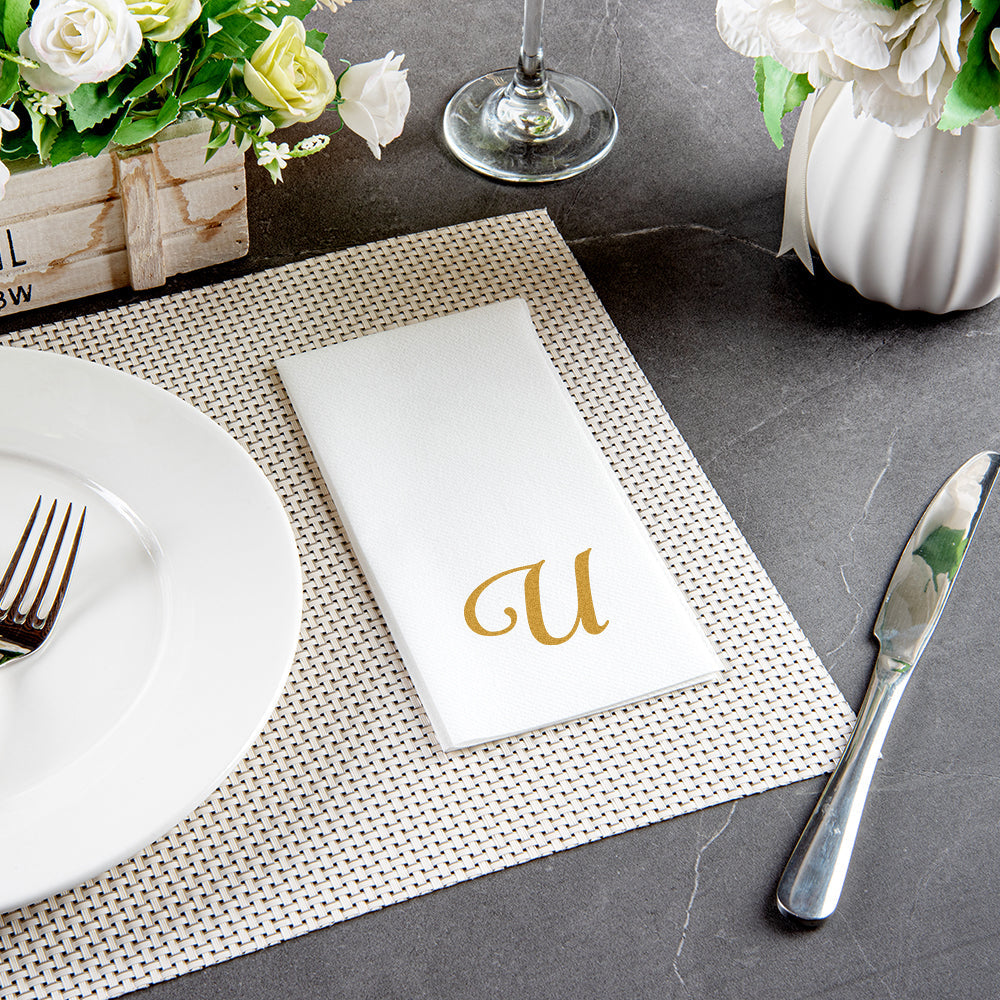 Luxenap Rectangle Gold Letter U White Paper Linen-Feel Guest Towel / Napkin - Air Laid, Cursive Font - 15 3/4" x 8" - 50 count box