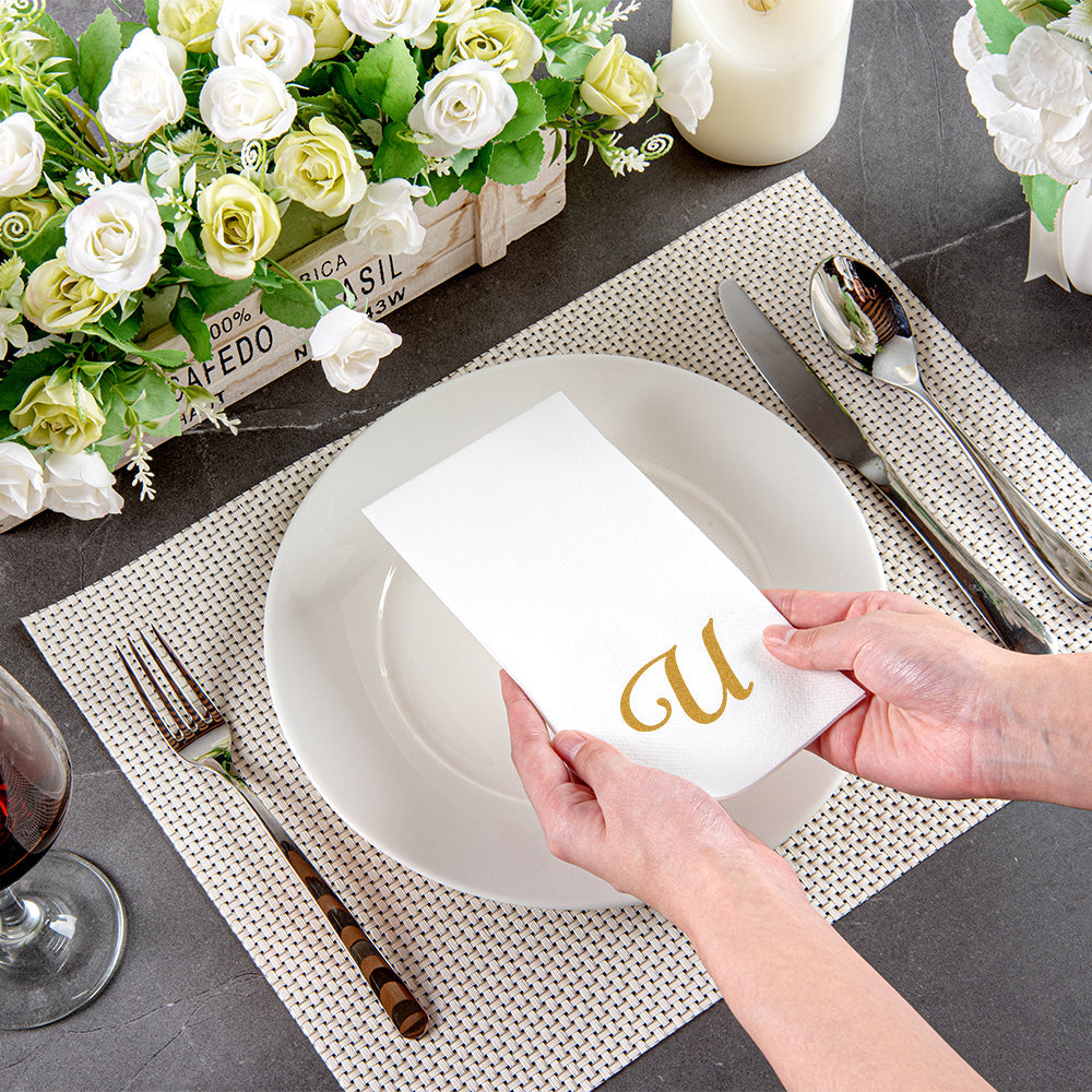 Luxenap Rectangle Gold Letter U White Paper Linen-Feel Guest Towel / Napkin - Air Laid, Cursive Font - 15 3/4" x 8" - 50 count box