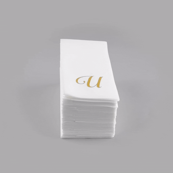 Luxenap Rectangle Gold Letter U White Paper Linen-Feel Guest Towel / Napkin - Air Laid, Cursive Font - 15 3/4" x 8" - 2000 count box