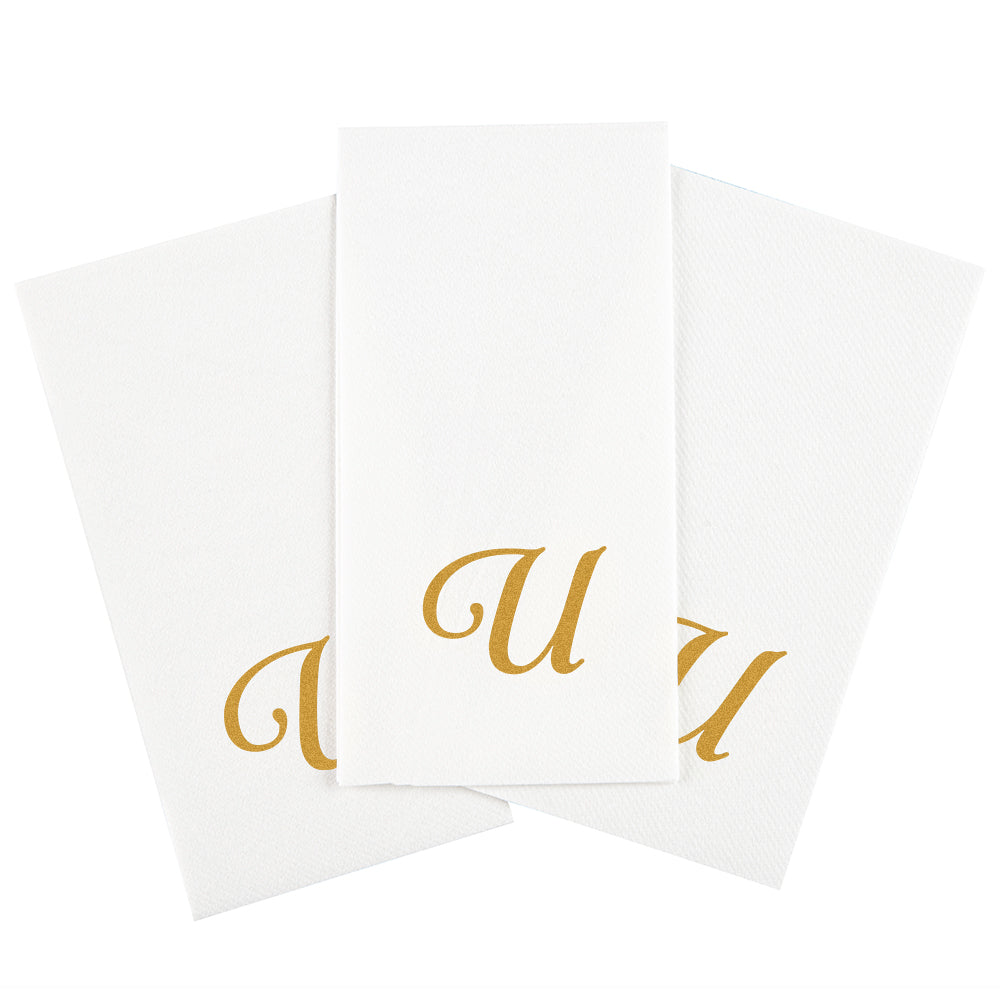 Luxenap Rectangle Gold Letter U White Paper Linen-Feel Guest Towel / Napkin - Air Laid, Cursive Font - 15 3/4" x 8" - 2000 count box